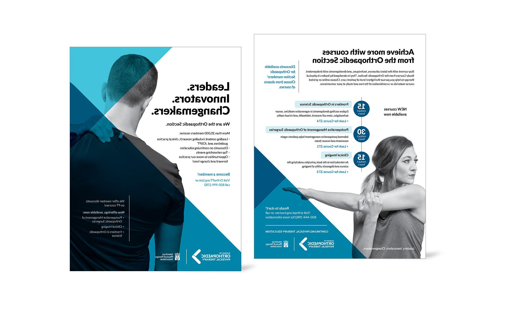 Academy of Orthopaedic Physical Therapy print ads by Vendi. Left ad details new CE courses, right shares membership benefits.