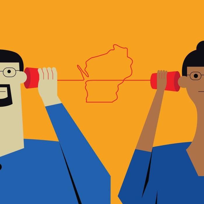 Wisconsin Public Radio Beyond the Ballot theme image of people listening into a can telephone connected with a Wisconsin-shaped string
